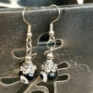 Artisan Evil Eye Black Lampwork Glass Beads Protective Talisman Drop Earrings